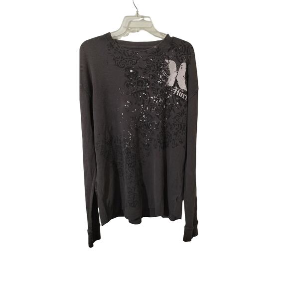 M747) Y2K Hurley Brown Grunge Print Crewneck Long Sleeve Thermal Tee XL - Picture 1 of 7
